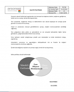 Arsonsisi KALİTE POLİTİKASI